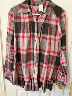 Free People Plaid Peplum Button Down Top XS Red Gray Boho